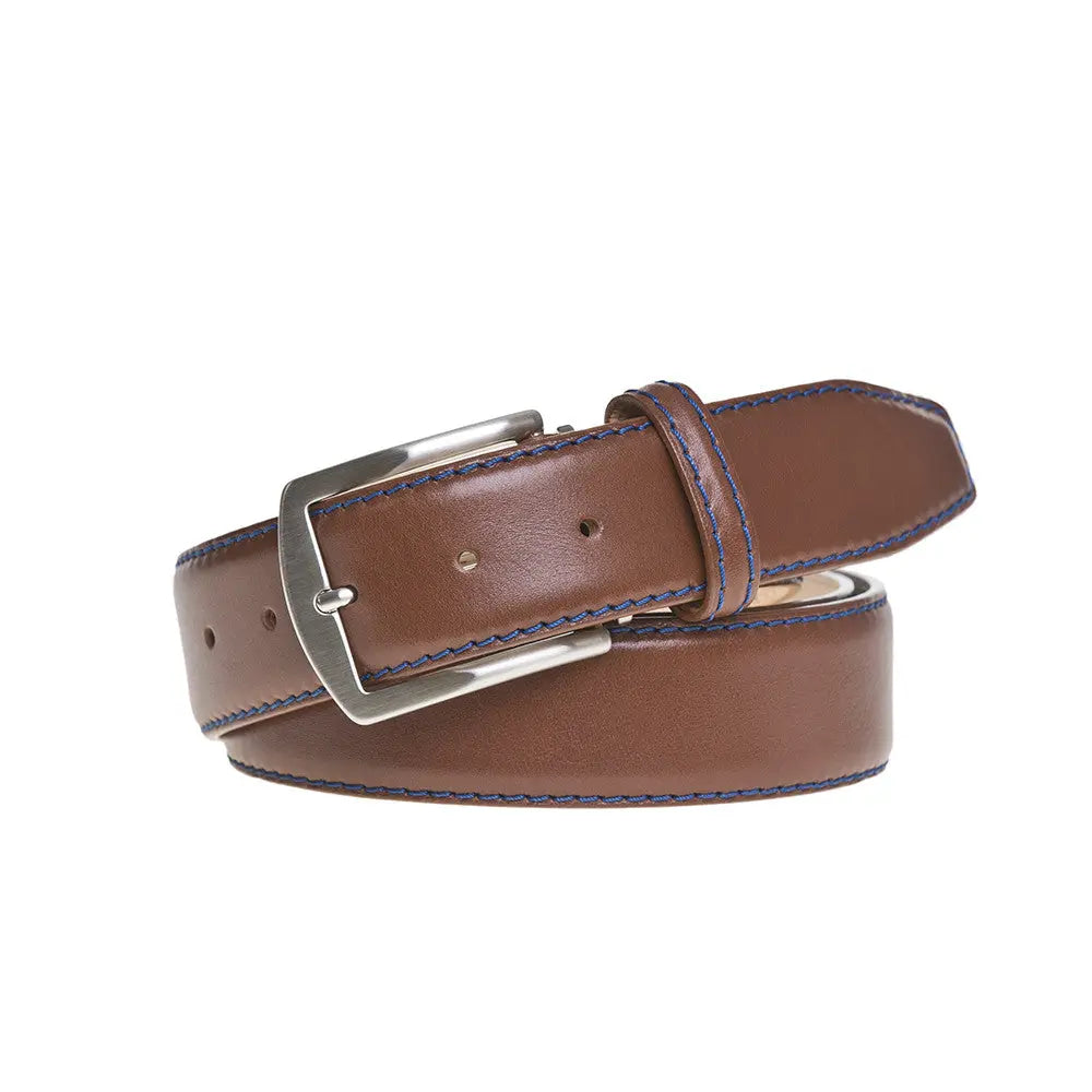 Close up of cognac Italian calf leather belt texture and stitching