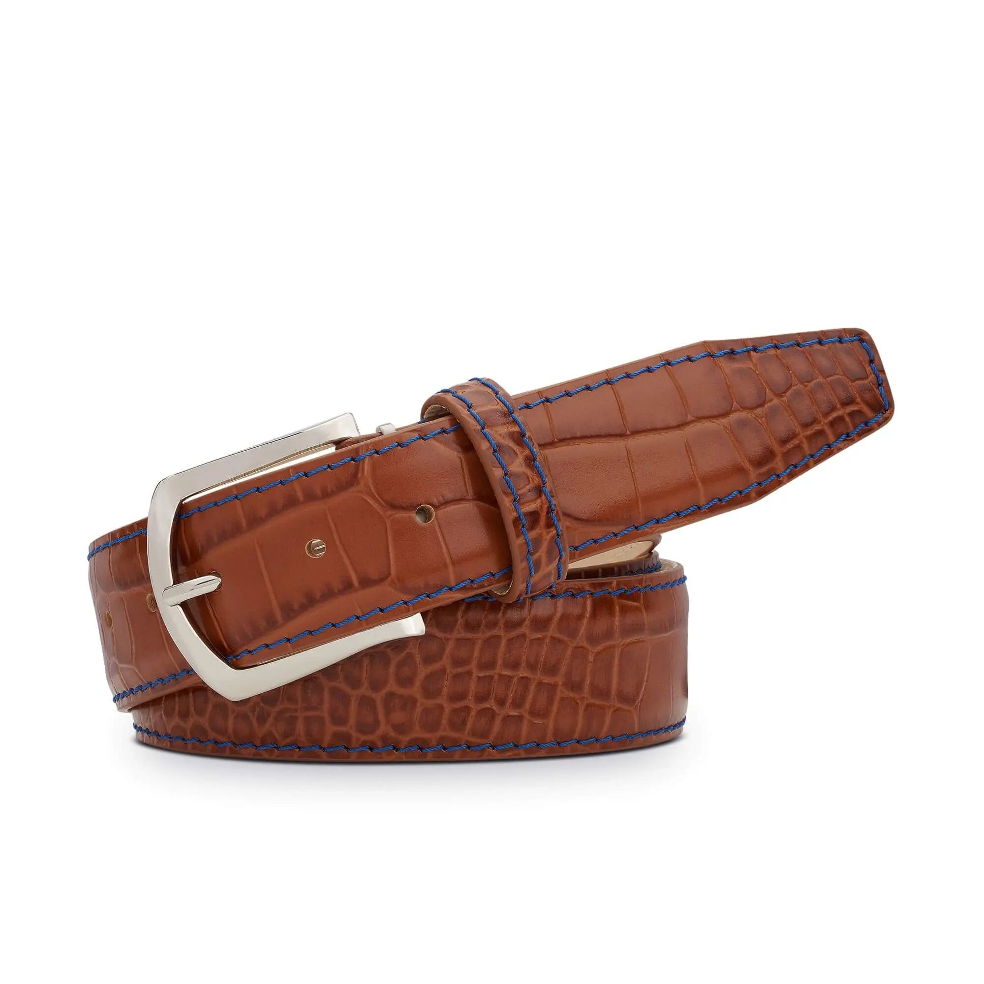 Cognac Mock Croc Leather Belt by Roger Ximenez handmade in Miami