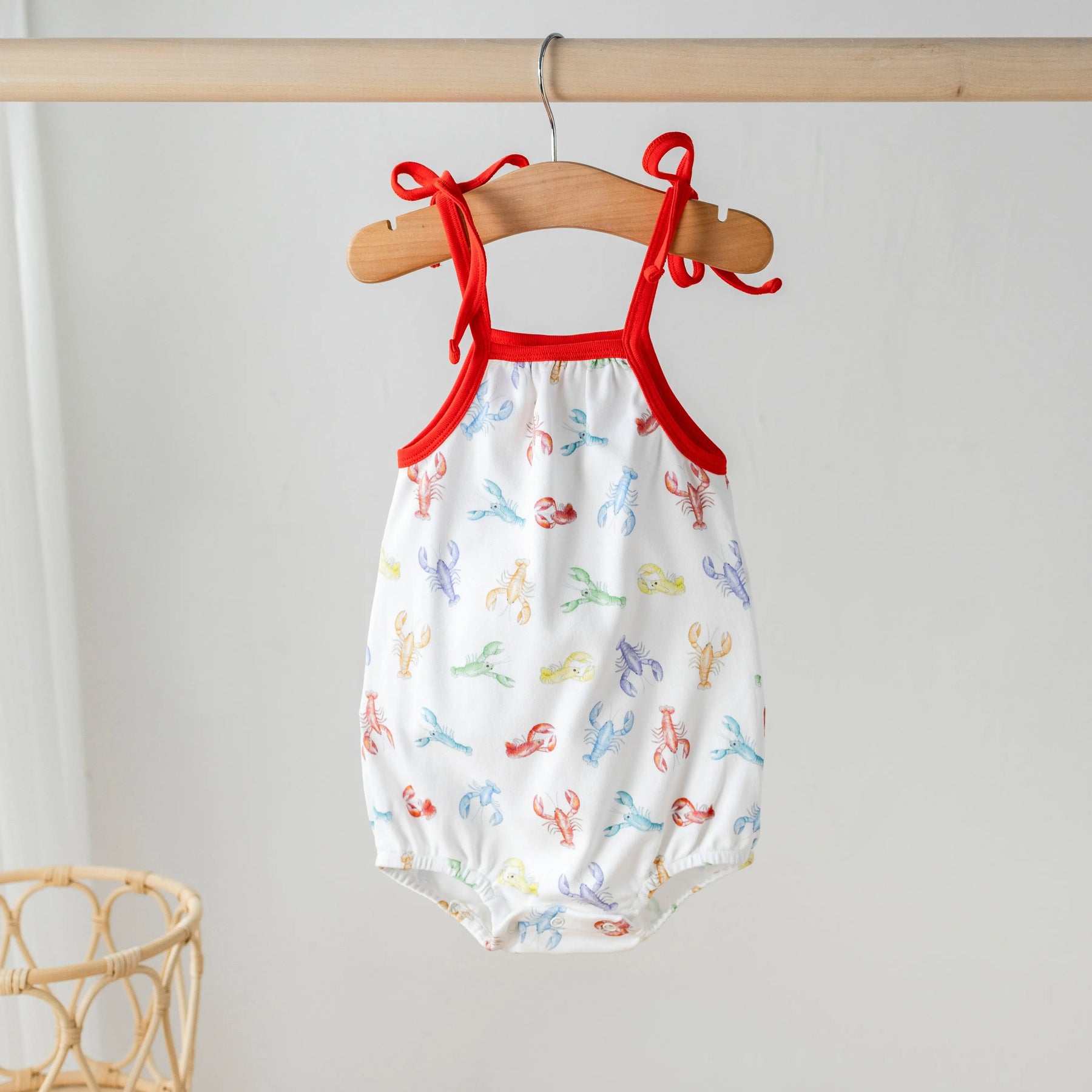 Colorful Claws Organic Cotton Crawfish Shoulder-Tie Onesie by Nola Tawk, Southern lifestyle apparel main product photo