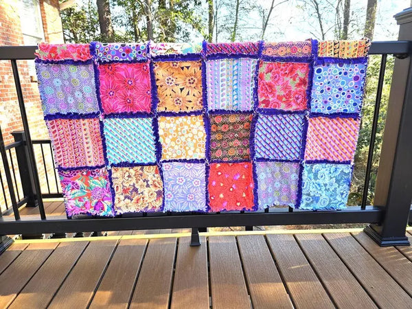 Colorful Rag Quilt Throw, Cotton Patchwork Lap Quilt with Soft Fleece Backing, Handmade Boho Couch Blanket, Bright Scrap Quilt Gift Maypop House Designs