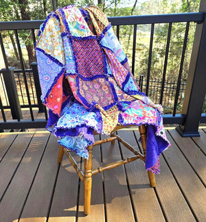 Colorful Rag Quilt Throw, Cotton Patchwork Lap Quilt with Soft Fleece Backing, Handmade Boho Couch Blanket, Bright Scrap Quilt Gift by Maypop House Designs, blankets detail photo 6