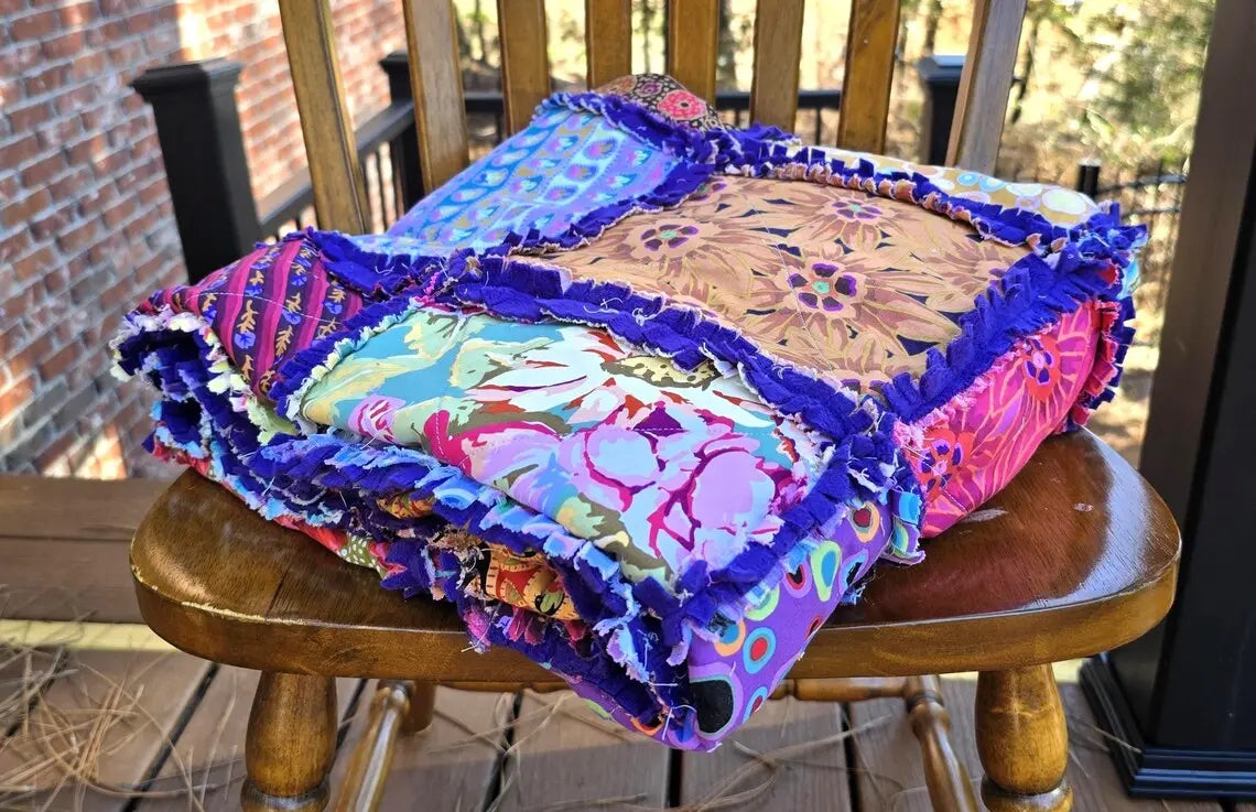 Colorful Rag Quilt Throw, Cotton Patchwork Lap Quilt with Soft Fleece Backing, Handmade Boho Couch Blanket, Bright Scrap Quilt Gift by Maypop House Designs, blankets detail photo
