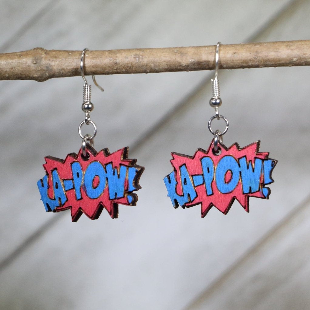 Comic KA-POW Sound Effect Wooden Dangle Earrings | Pop Art Jewelry