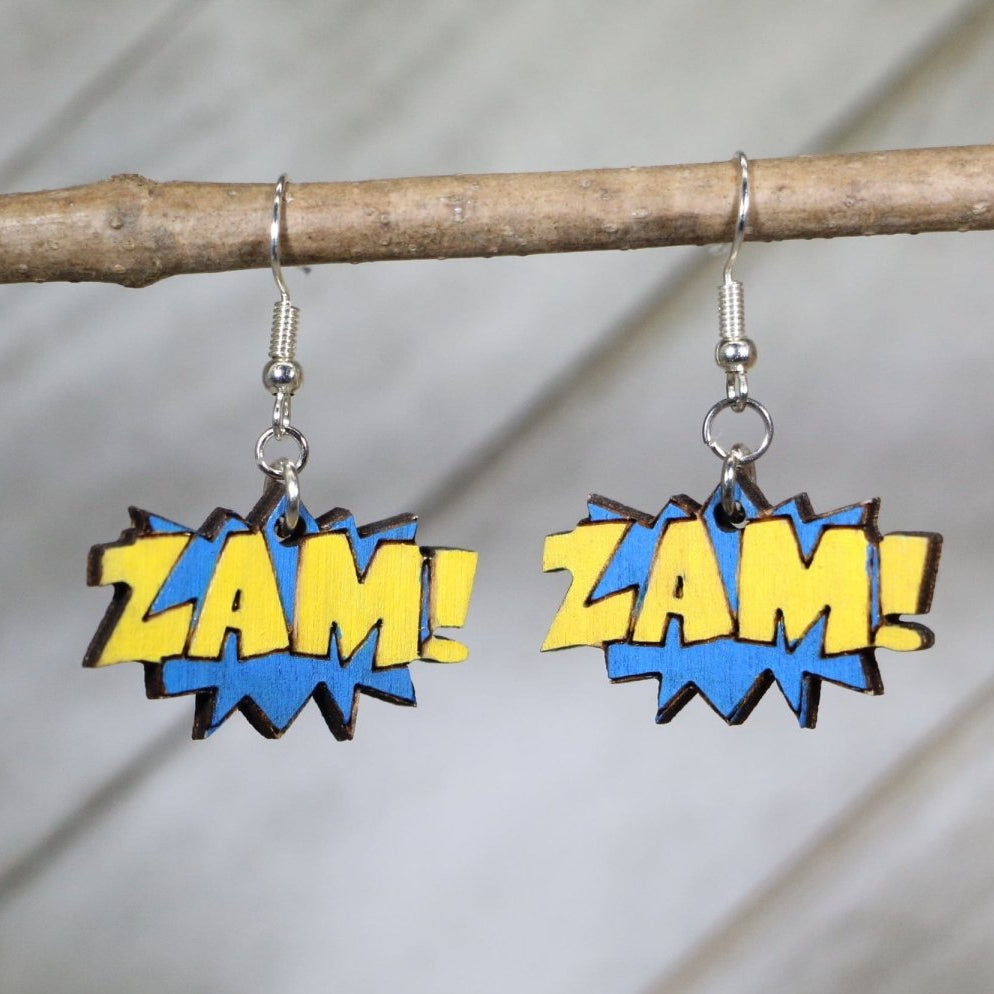 Comic ZAM Sound Effect Wooden Dangle Earrings | Pop Art Jewelry