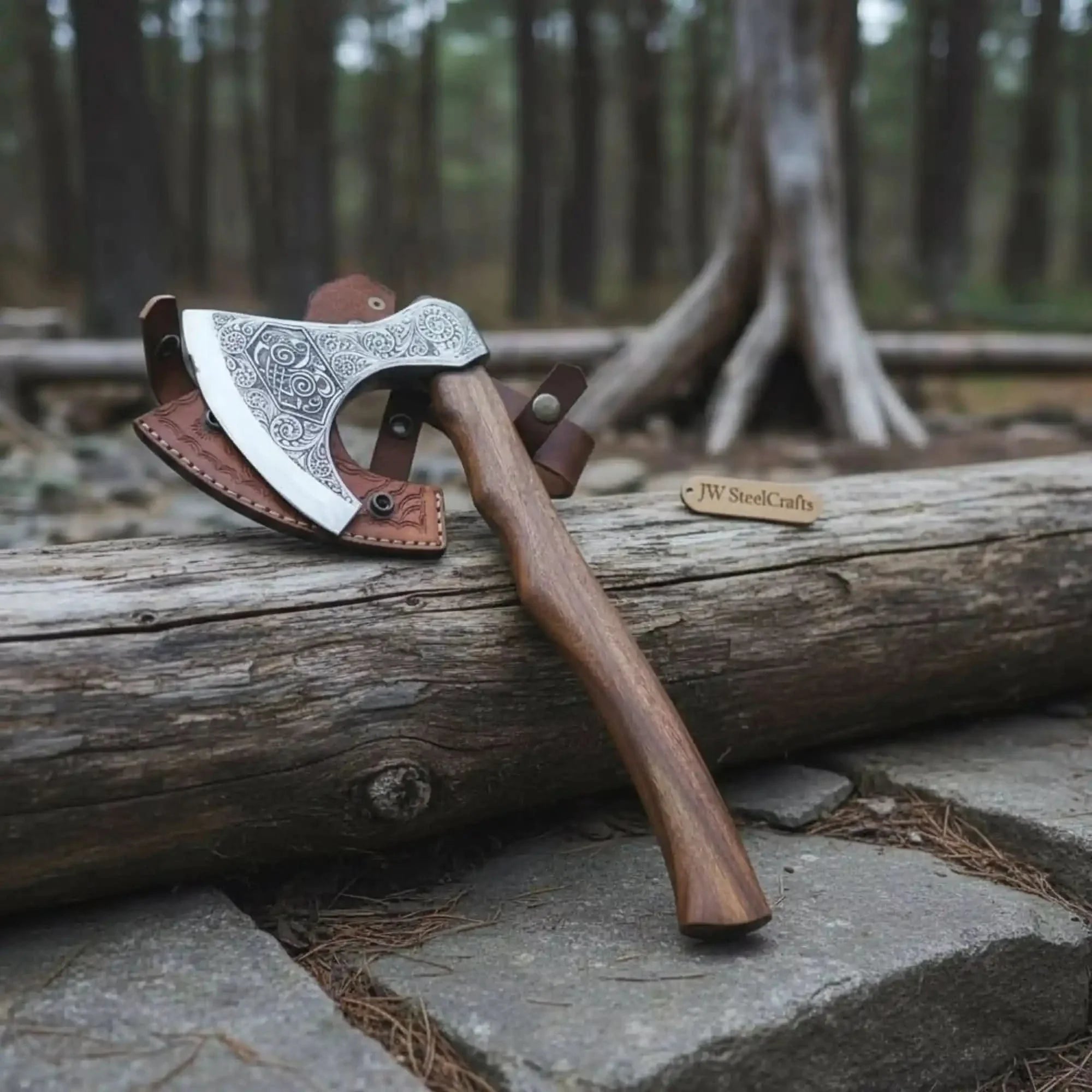 Norse Pattern Acid Etched Bushcraft Belt Viking Bearded Axe with Leather Carry Sheath by JW SteelCrafts, leather knife sheath main product photo