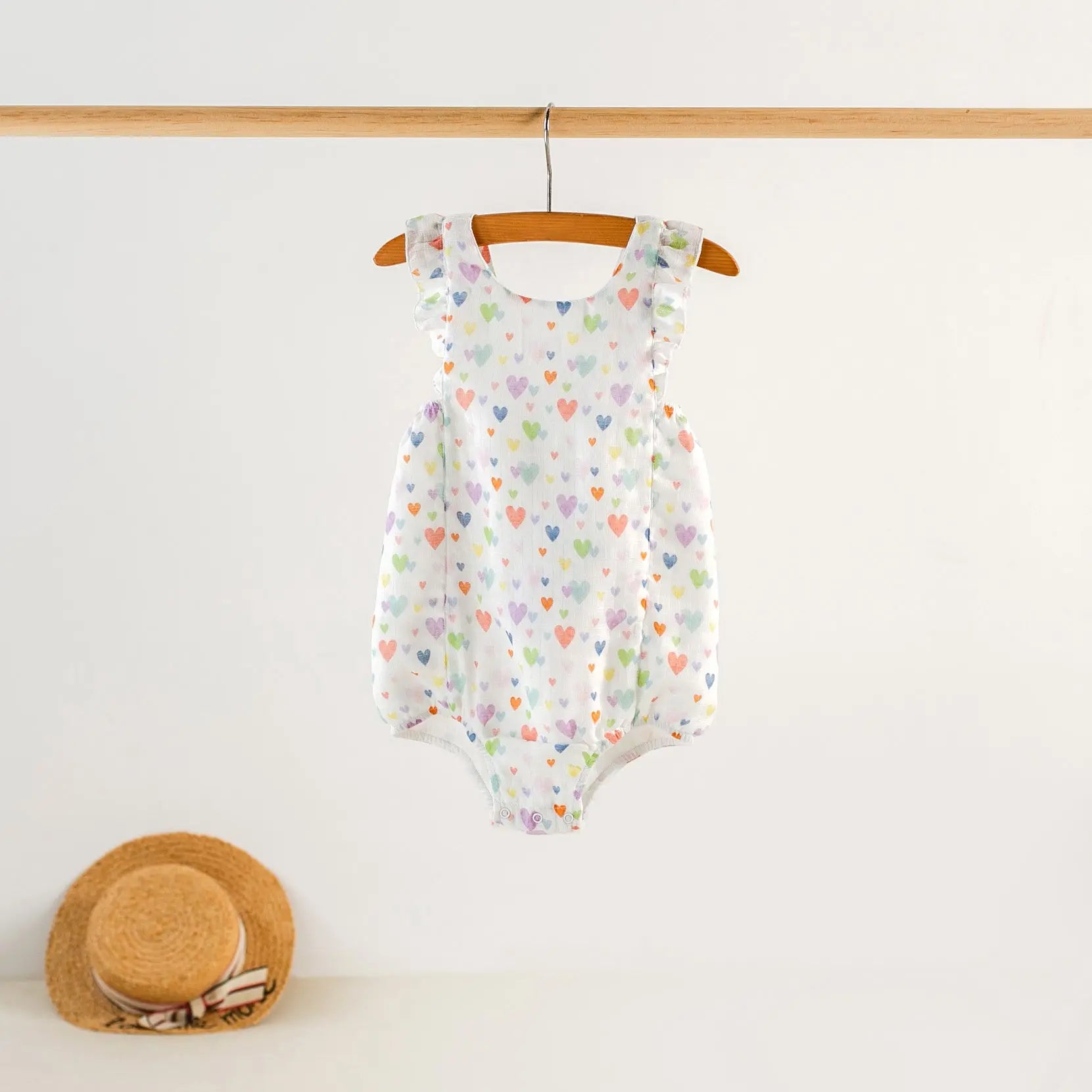 Confetti Hearts Organic Muslin Bubble Romper Nola Tawk