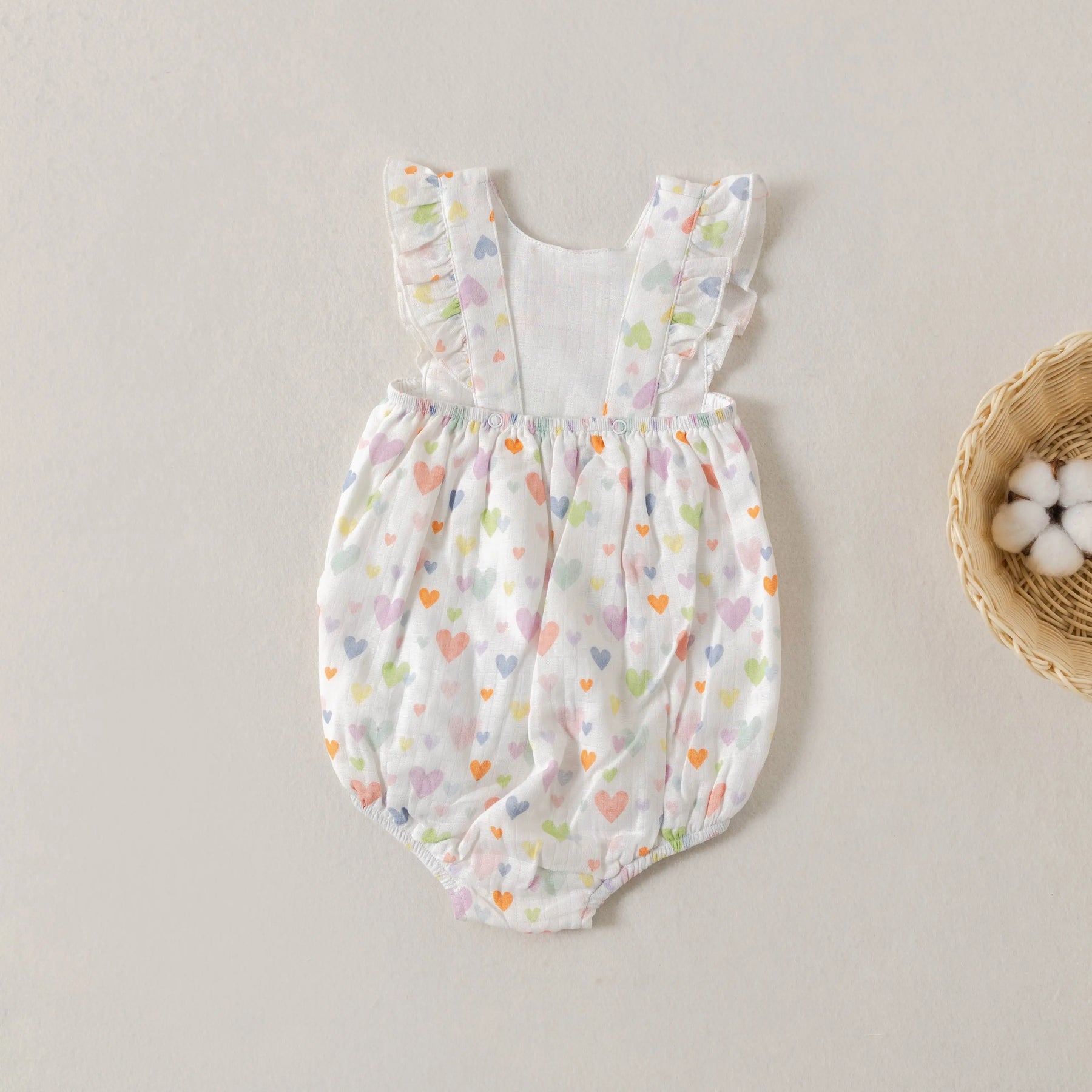 Confetti Hearts Organic Muslin Bubble Romper by Nola Tawk, Southern lifestyle apparel detail photo 5