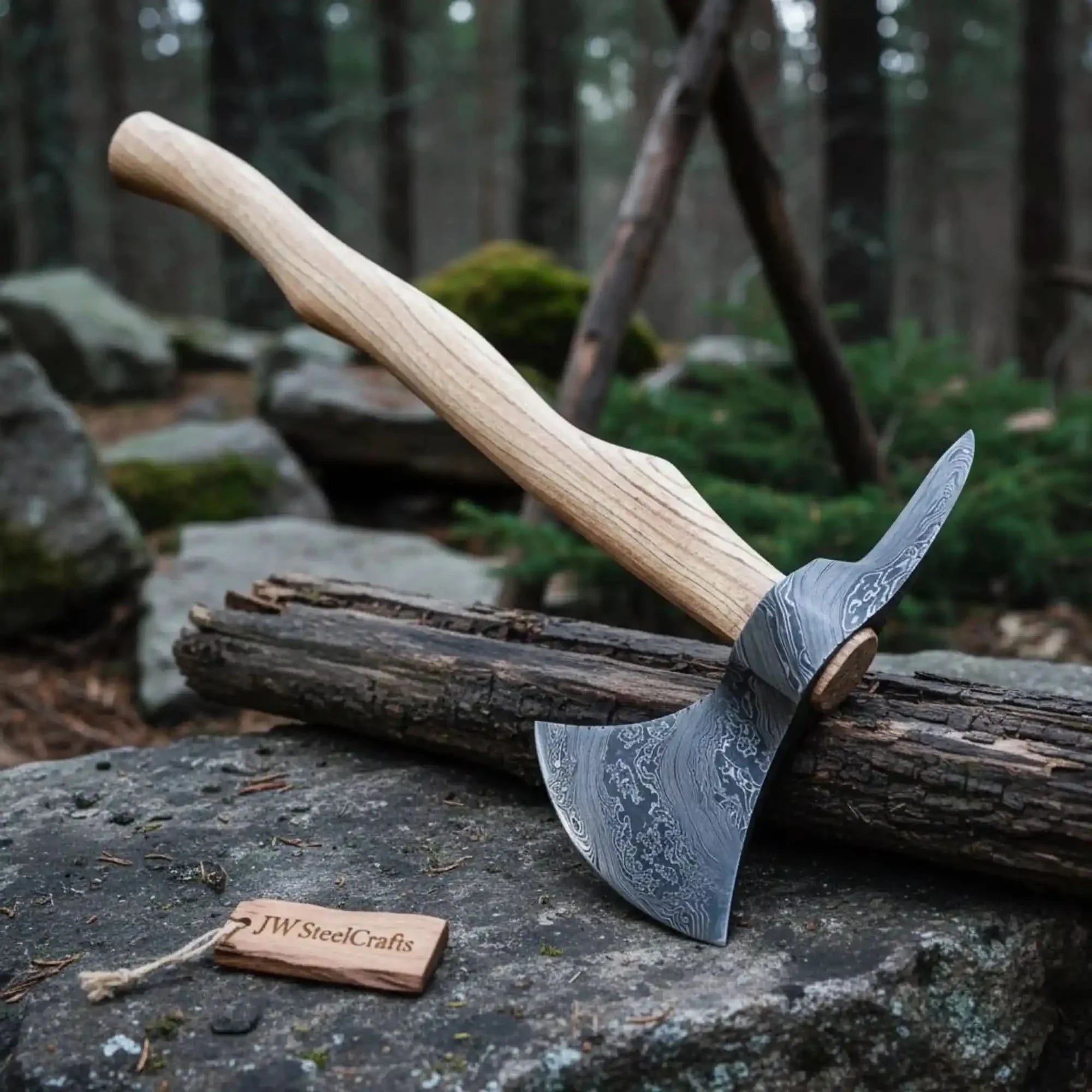 Damascus Camping Axe with 22 Inch Ash Handle – Hand Forged Bushcraft Axe with Leather Sheath | JW SteelCrafts by JW SteelCrafts, leather knife sheath detail photo 2