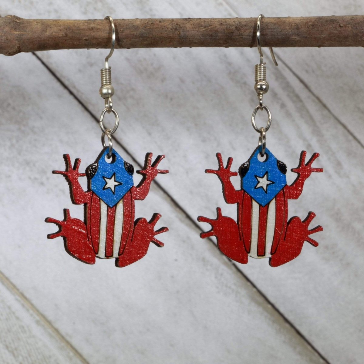 Coquí Frog Wooden Earrings | Puerto Rico Island Jewelry detail view by Cate's Concepts, LLC