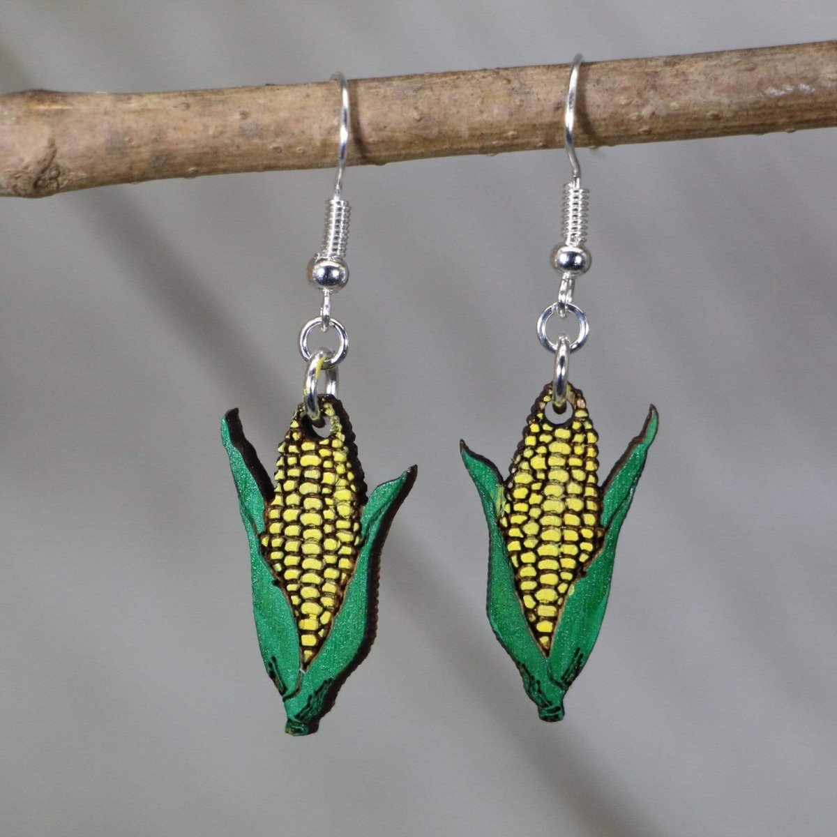 Corn with Husk Wooden Earrings | Farm Vegetable Food Jewelry detail view by Cate's Concepts, LLC