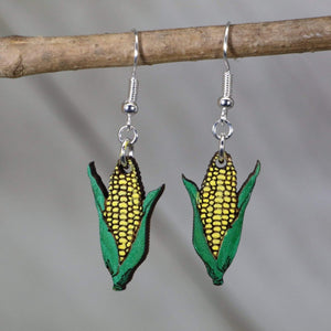 Corn with Husk Wooden Earrings | Farm Vegetable Food Jewelry detail view by Cate's Concepts, LLC