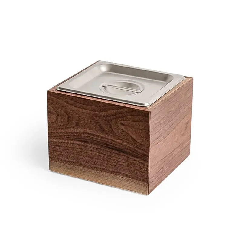 Walnut wood compost bin with stainless steel insert and lid on white background, square shape.