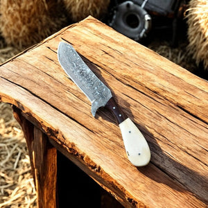 Cowboy Knife with Sheath | Rustic Summer Handmade Damascus Knife by Damascus Knife Store, leather knife sheath detail photo 2