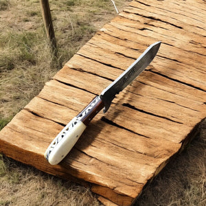 Cowboy Knife with Sheath | Rustic Summer Handmade Damascus Knife by Damascus Knife Store, leather knife sheath detail photo 3