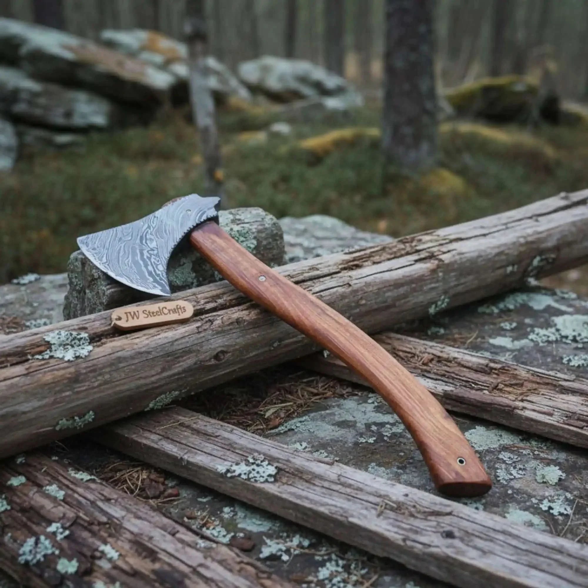 Hand Forged Bushcraft Chopping Axe, Damascus Blade + Ergonomic Curved Handle by JW SteelCrafts, Southern handmade gift detail photo 2