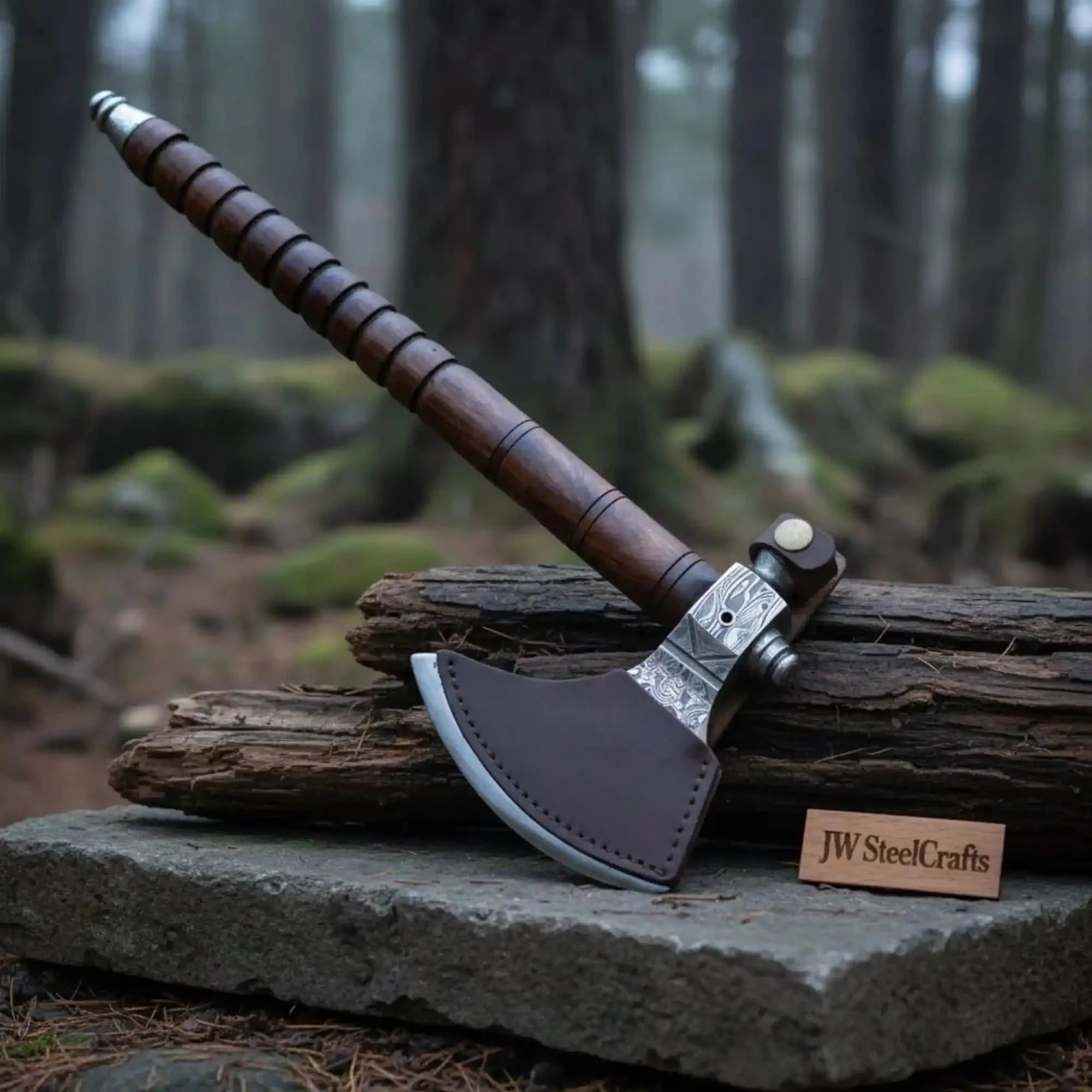 Hand Forged Damascus Smoking Axe with Ringed Hardwood Handle and Leather Sheath | JW SteelCrafts by JW SteelCrafts, leather knife sheath detail photo 2