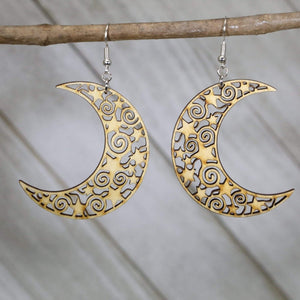 Crescent Moon Wooden Dangle Earrings | Celestial Filigree Jewelry detail view by Cate's Concepts, LLC