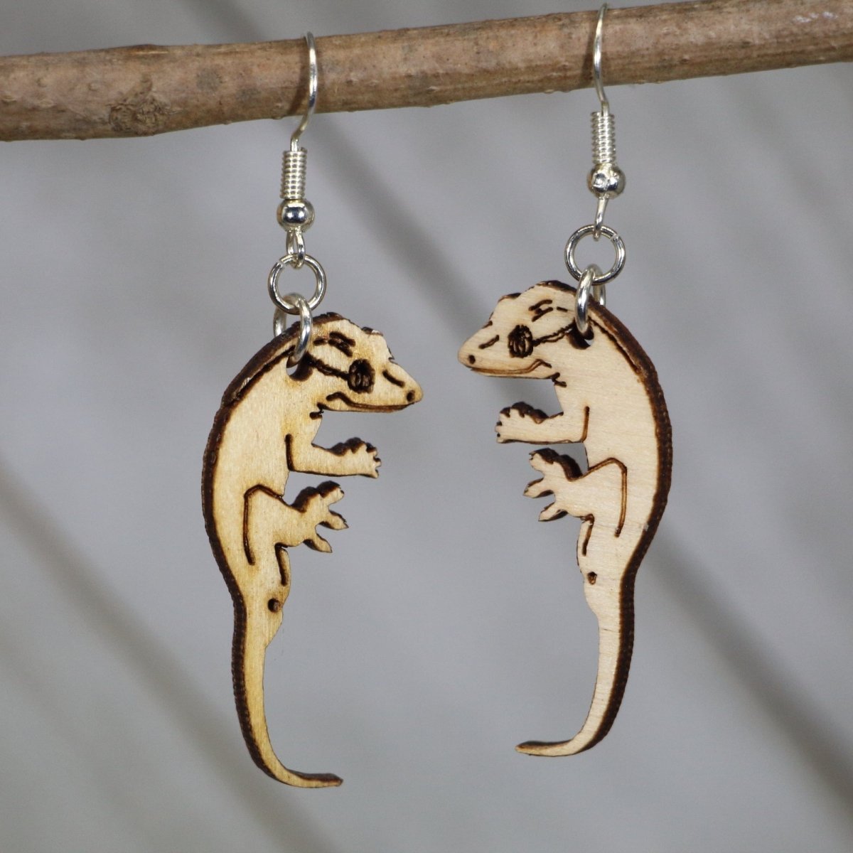 Crested Gecko Wooden Dangle Earrings | Realistic Lizard Jewelry by Cate's Concepts, LLC, handmade jewelry main product photo