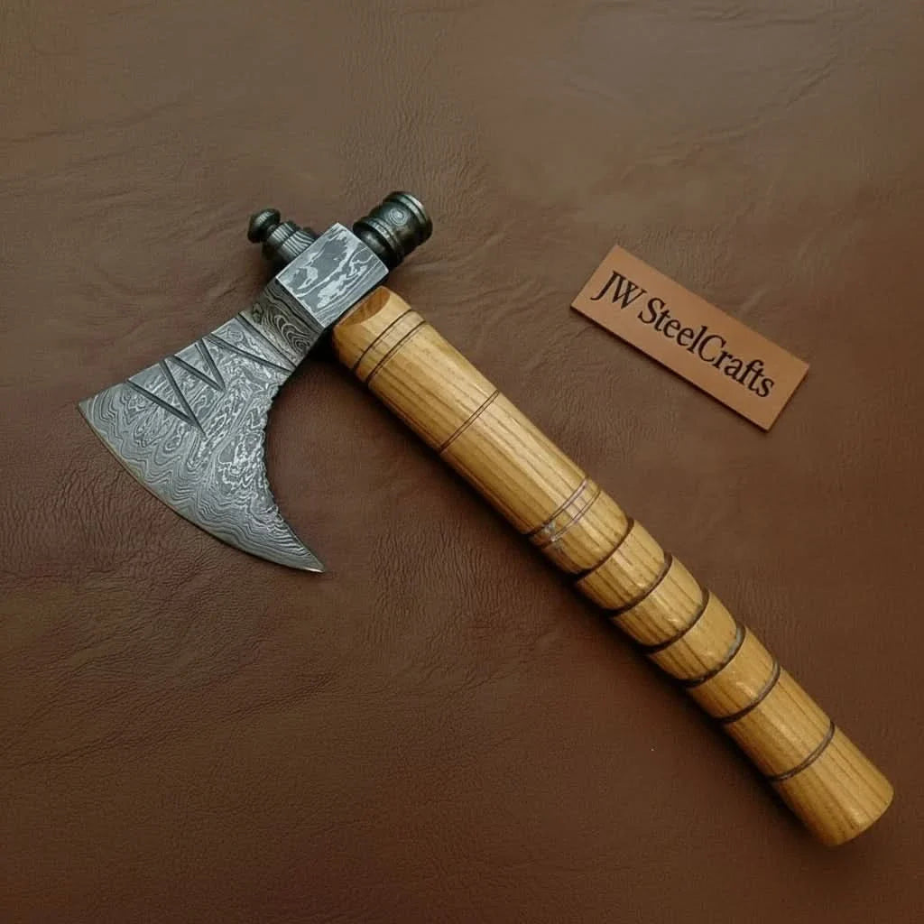 Damascus Pipe Axe 19 Inch Ash Wood Handle | Hand Forged Tomahawk Smoking Axe | JW SteelCrafts by JW SteelCrafts, Southern lifestyle apparel detail photo 2