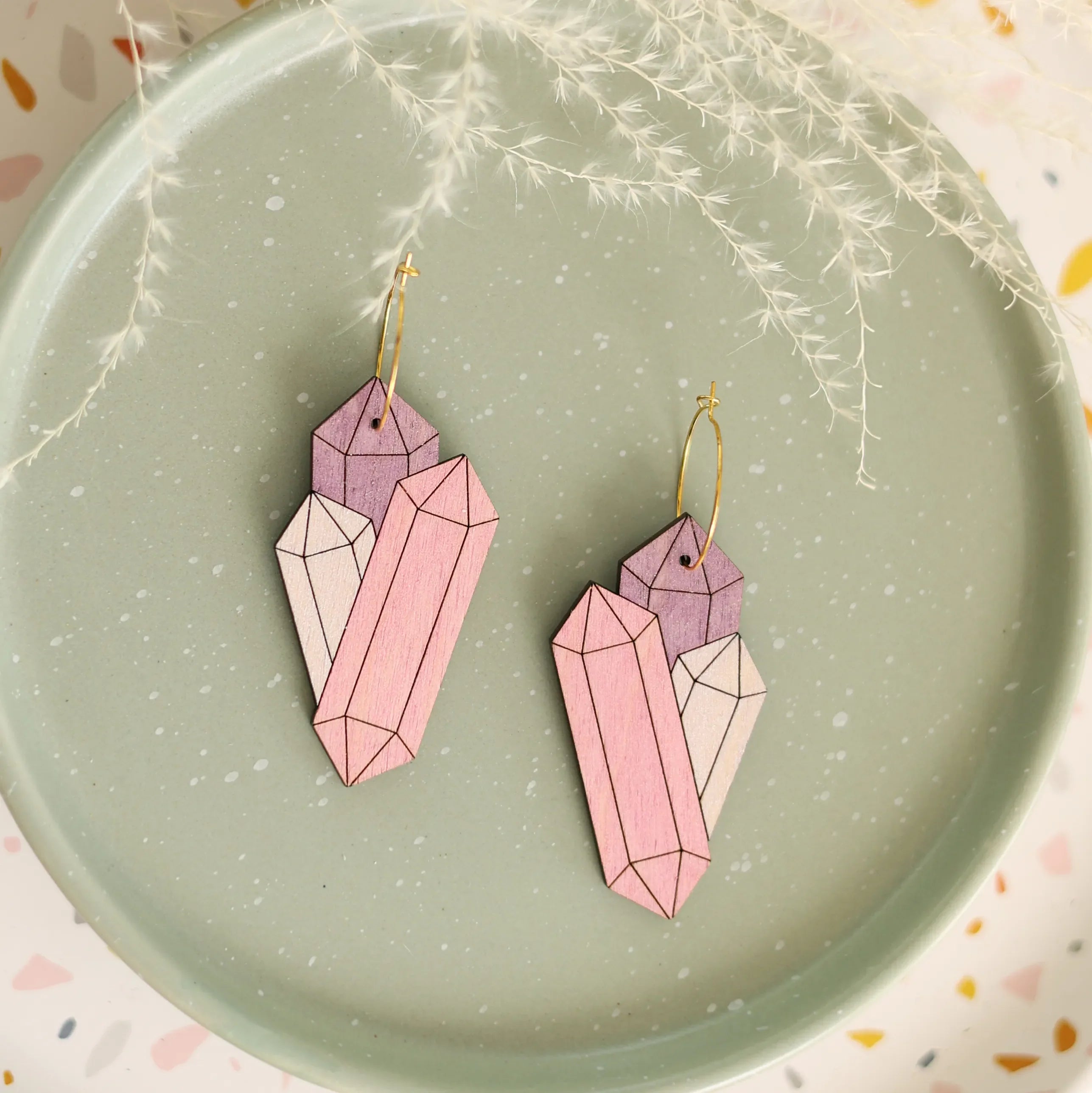 Amethyst Crystal Cluster Hoop Earrings hand painted on lightweight wood by LE CHIC MIAMI