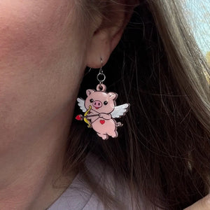 Cupid Pig Valentine Acrylic Earrings by Poor Hog Customs, custom drinkware detail photo 2