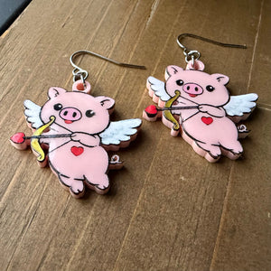 Cupid Pig Valentine Acrylic Earrings by Poor Hog Customs, custom drinkware detail photo 4