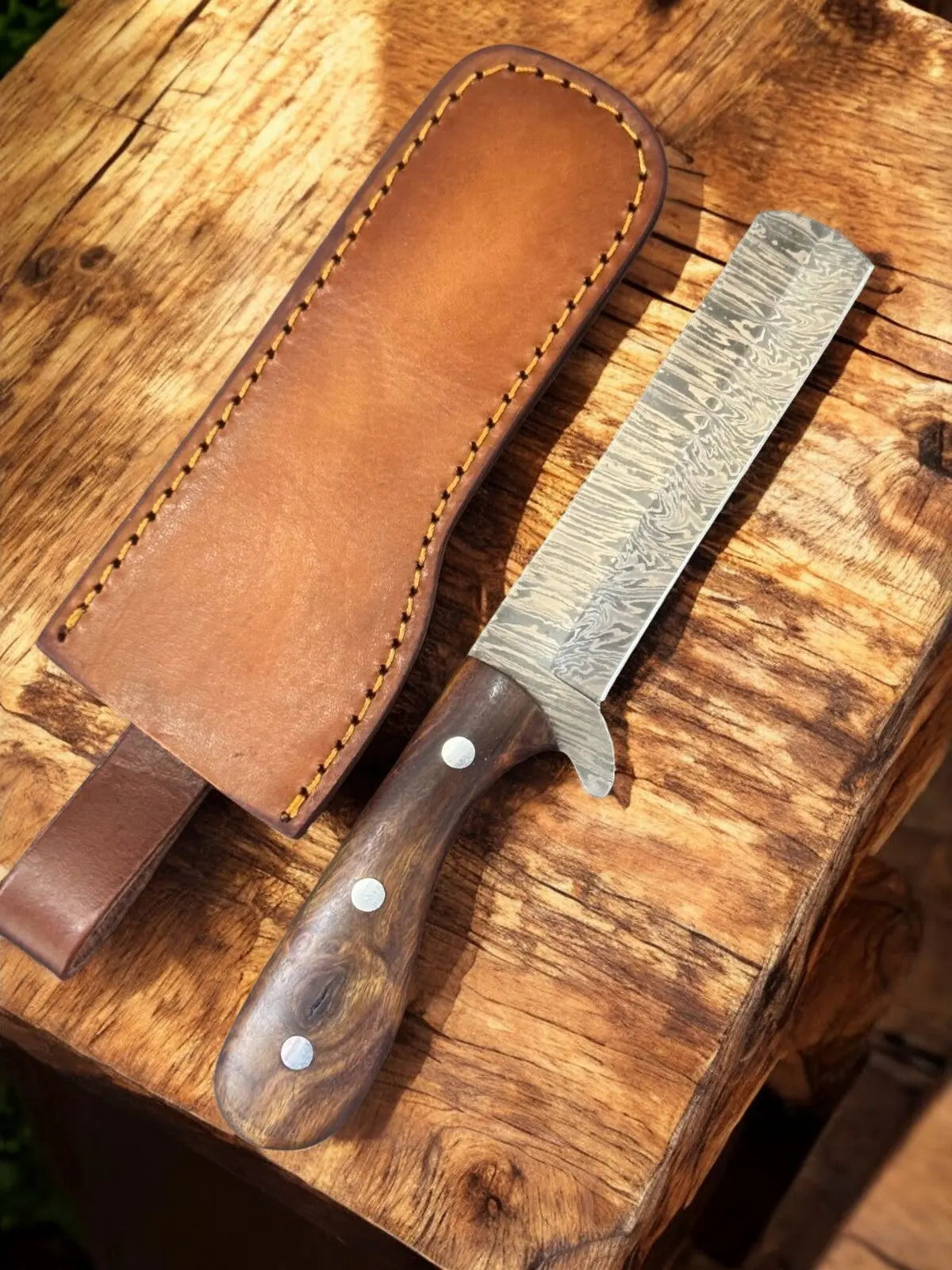 Custom Bull Cutter Knife – 8" Damascus Steel with Wood Handle by Damascus Knife Store, Damascus knife main product photo