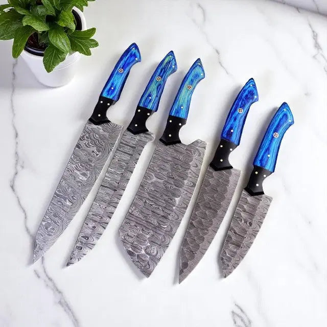 Custom Damascus Steel Knife Set with Leather Roll Damascus Knife Store