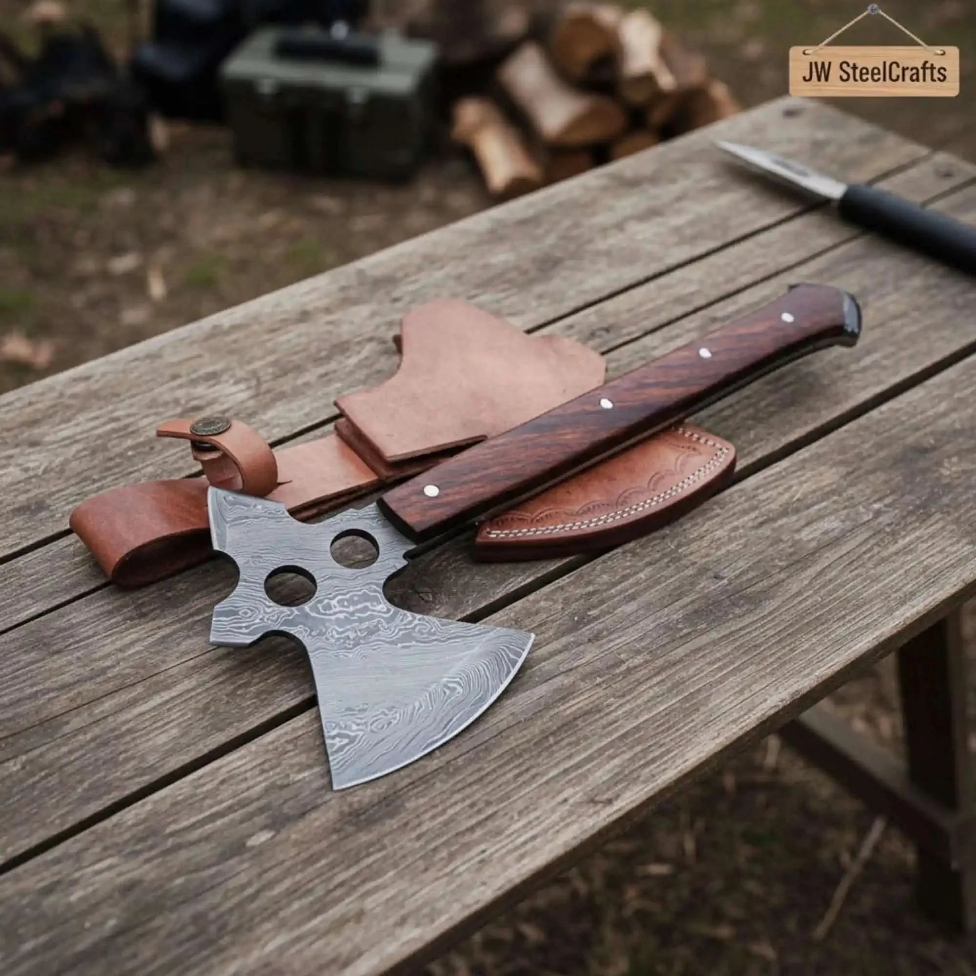 Full-Tang Damascus Camping Axe with Rosewood Handle Scales, Skeletonized Spine & Leather Sheath | JW SteelCrafts by JW SteelCrafts, leather knife sheath main product photo