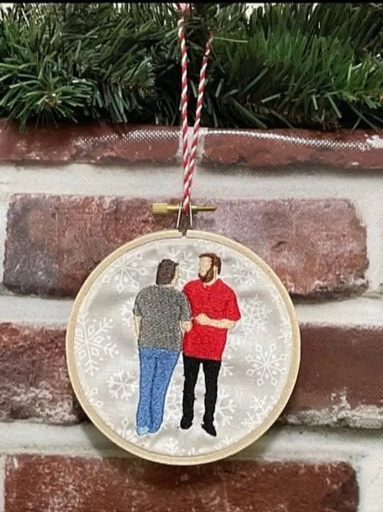 Custom embroidered ornament of two people, personalized portrait on snowflake background, handmade gift