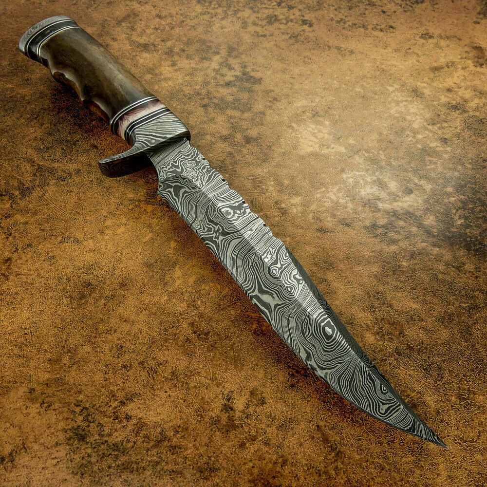 Damascus Bowie Knife | 15" | Twist Pattern | Rose Wood, Resin Spacer & Damascus Steel Guard | Leather Sheath