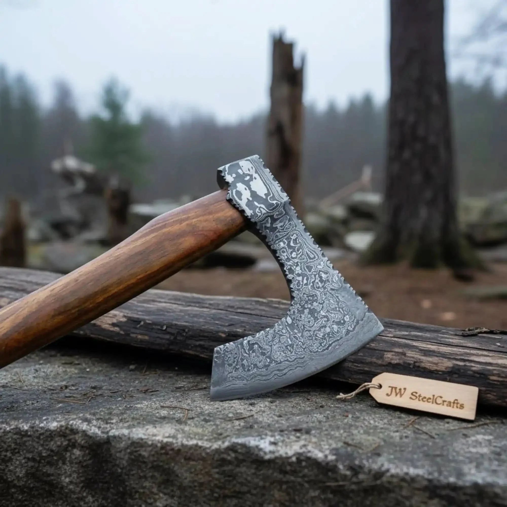 Custom Handmade Bearded Viking Axe with Damascus Steel Blade and Hardwood Handle | JW SteelCrafts by JW SteelCrafts, Southern lifestyle apparel detail photo 2