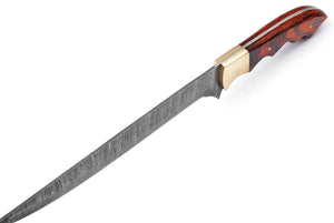 Handmade Damascus Steel Fillet Fishing Knife — Exotic Wood & Brass Bolster Handle