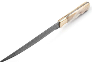 Handmade Damascus Steel Fillet Fishing Knife — Camel Bone & Brass Bolster Handle