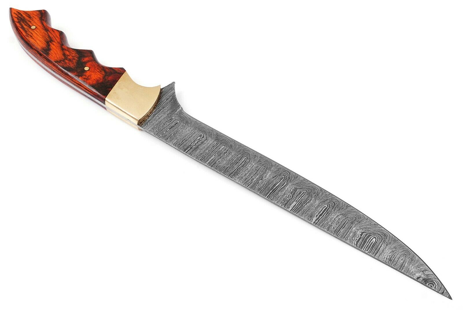 Handmade Damascus Steel Fillet Fishing Knife — Exotic Wood & Brass Bolster Handle