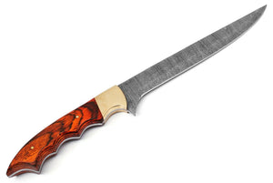Handmade Damascus Steel Fillet Fishing Knife — Exotic Wood & Brass Bolster Handle