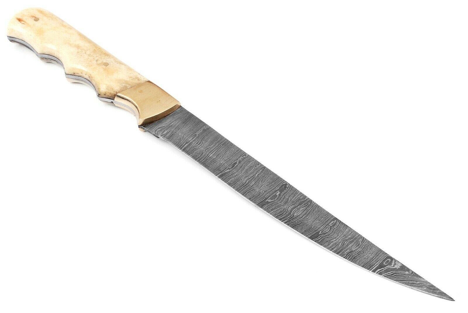 Handmade Damascus Steel Fillet Fishing Knife — Camel Bone & Brass Bolster Handle