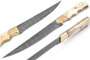 Handmade Damascus Steel Fillet Fishing Knife — Camel Bone & Brass Bolster Handle