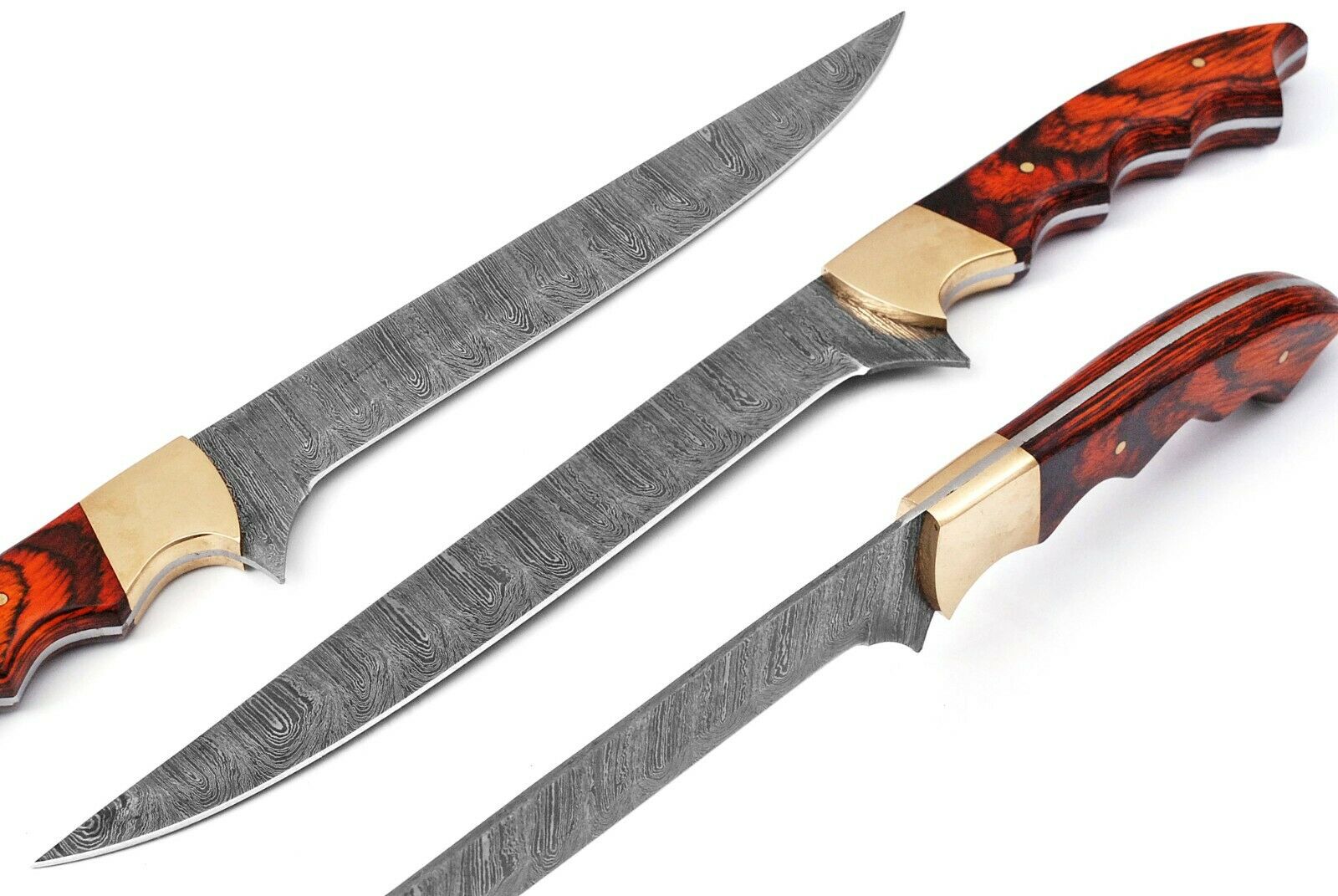 Handmade Damascus Steel Fillet Fishing Knife — Exotic Wood & Brass Bolster Handle