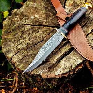 Custom Handmade Bowie Knife - 12" Damascus Steel Blade with Leather Sheath by Damascus Knife Store, leather knife sheath main product photo