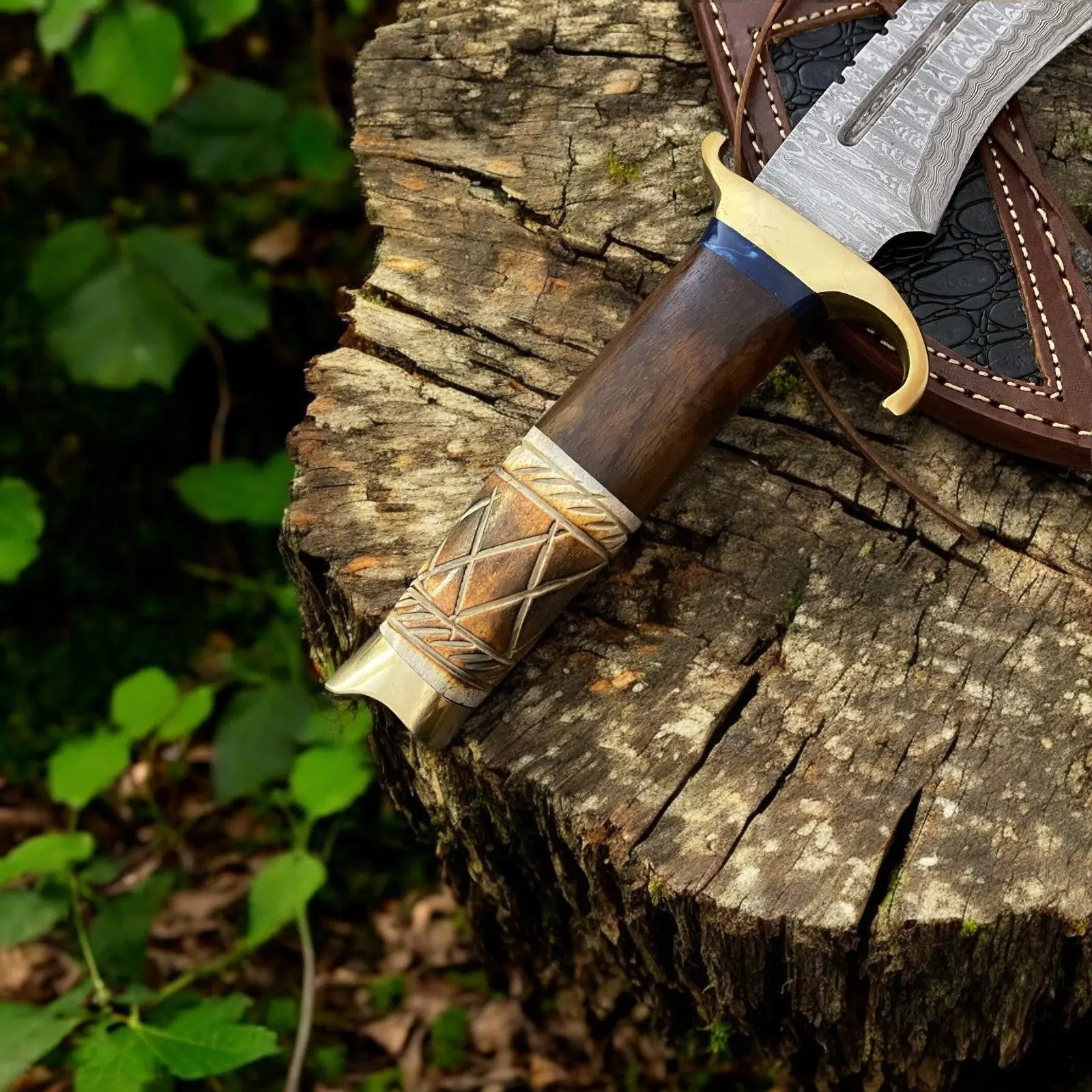 Custom Handmade Bowie Knife - 14" Damascus Steel Blade, Rosewood & Bone Handle by Damascus Knife Store, Damascus knife detail photo 4