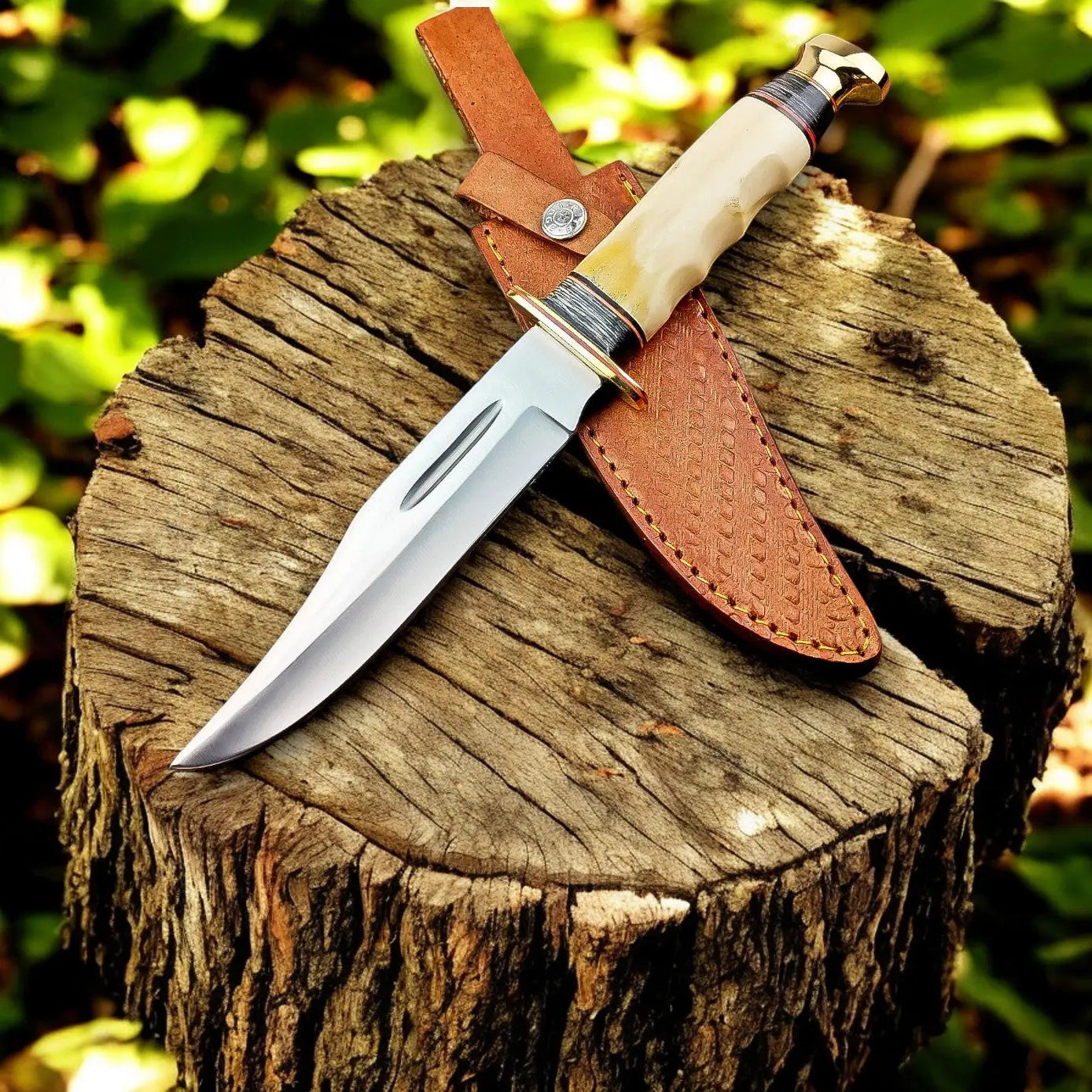 Custom Handmade Bowie Knife - D2 Steel Blade with Bone Handle Damascus Knife Store