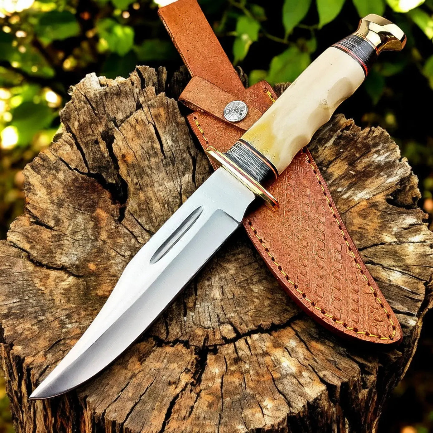 Custom Handmade Bowie Knife - D2 Steel Blade with Bone Handle Damascus Knife Store