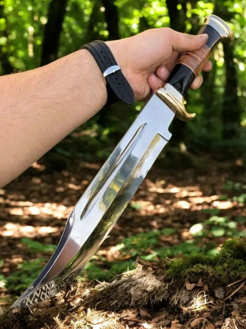 Custom Handmade Bowie Knife – 17" Buffalo Horn Handle Damascus Knife Store