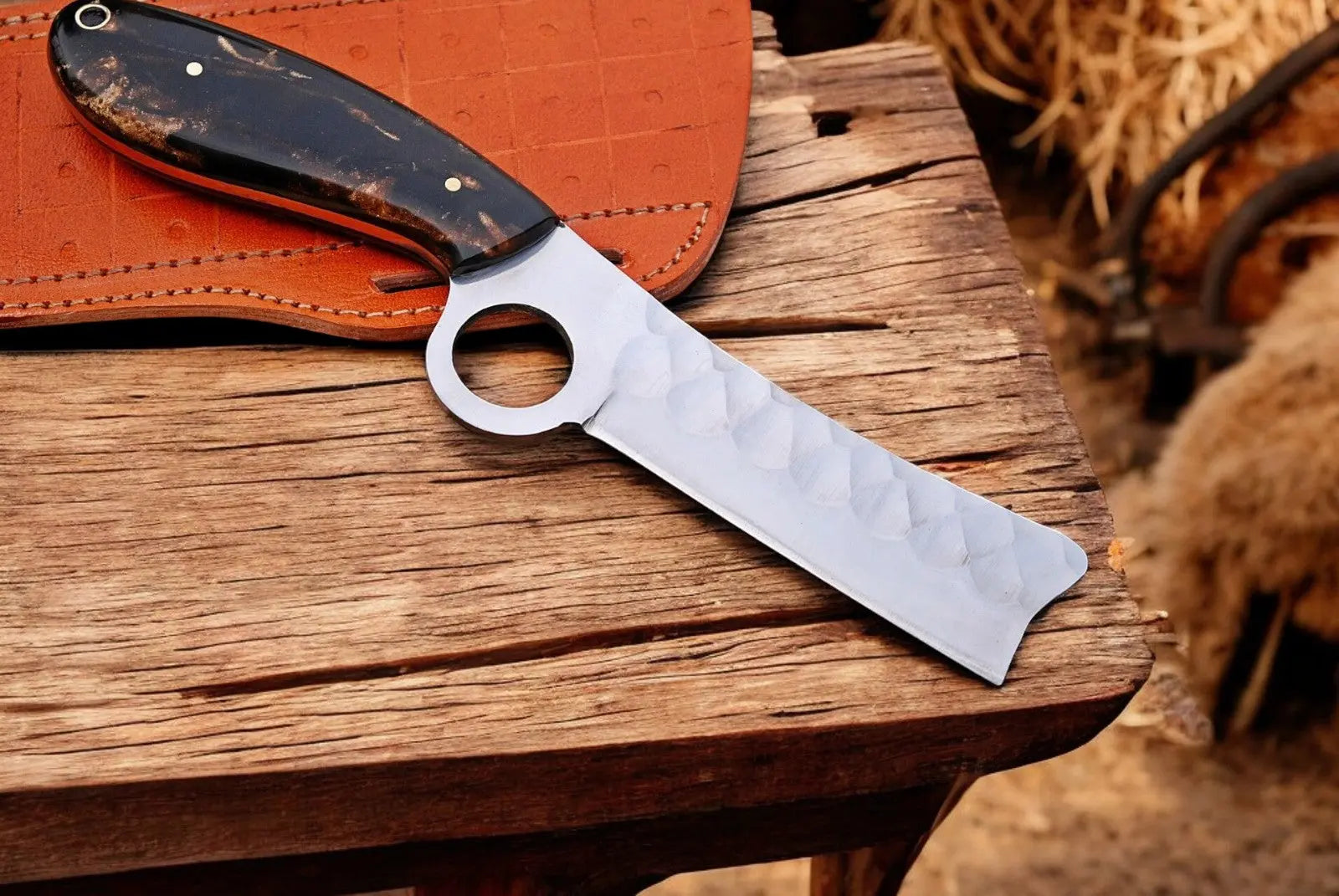 Custom Handmade Bull Cutter Knife – Exotic Wood Handle by Damascus Knife Store, Damascus knife detail photo 3