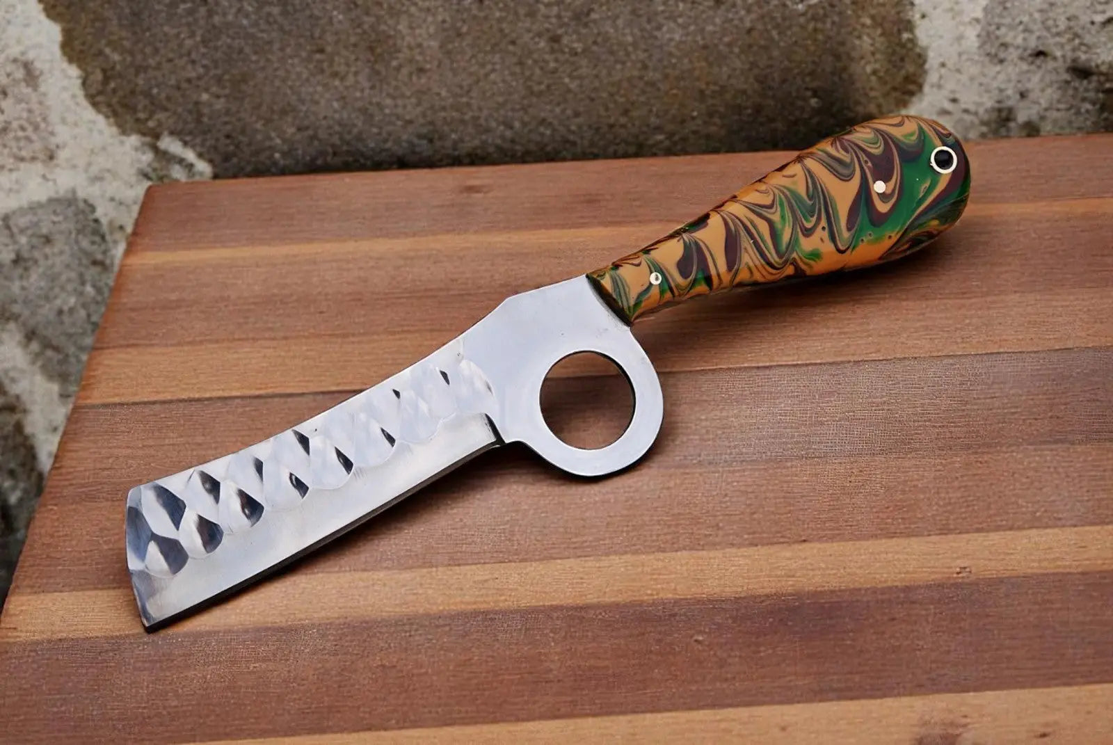 Custom Handmade Bull Cutter Knife with Resin Handle by Damascus Knife Store, Damascus knife main product photo