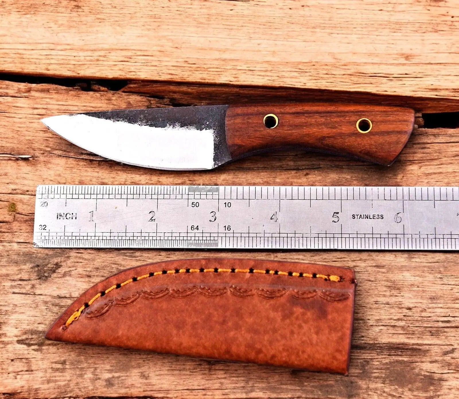 Custom Handmade Carbon Steel Skinning Knife – Rosewood Handle by Damascus Knife Store, Damascus knife detail photo 2