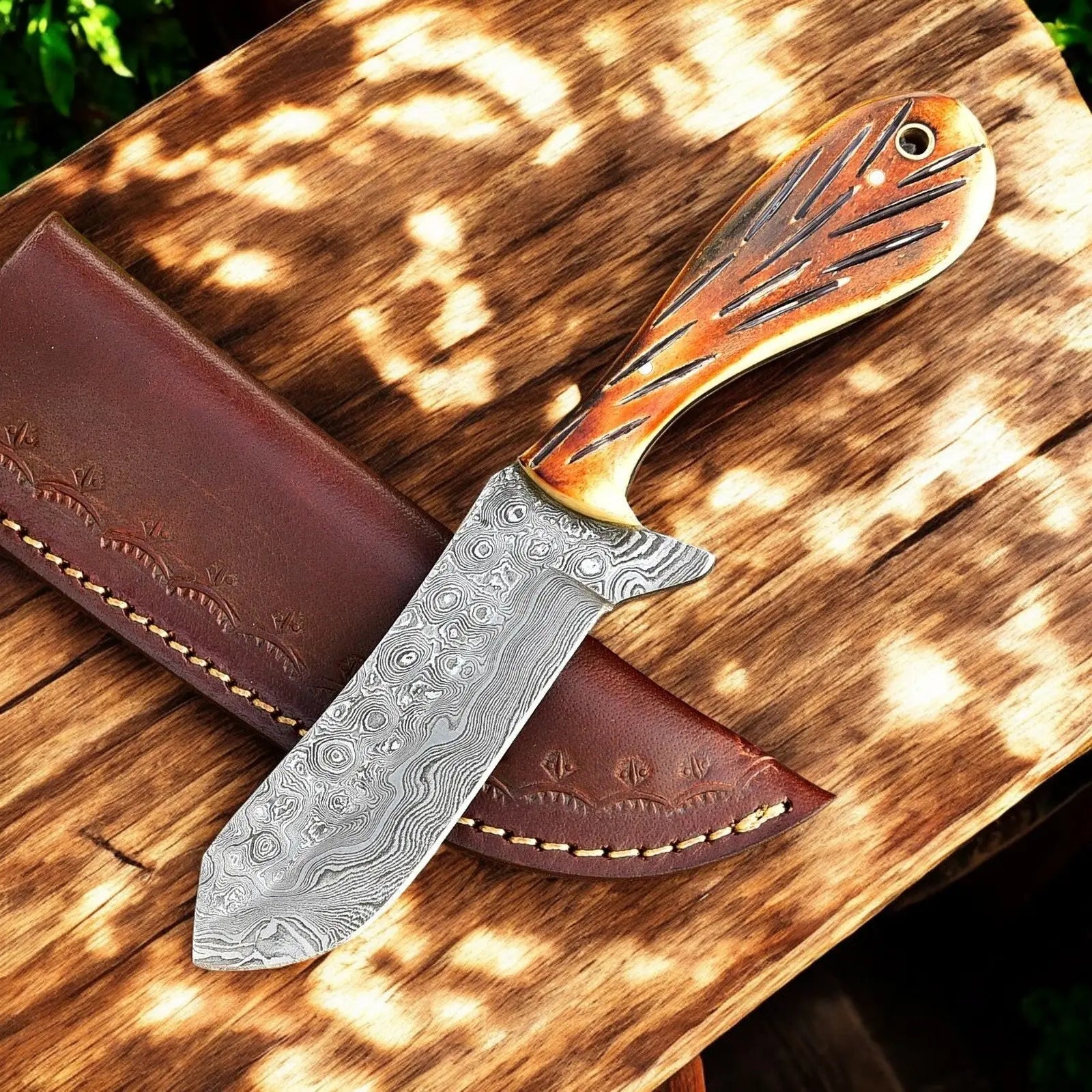 Custom Handmade Cowboy Knife – Damascus Steel & Sheep Horn by Damascus Knife Store, Damascus knife main product photo
