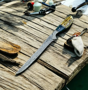 Custom Handmade Damascus Fillet Knife – 12.5” with Leather Sheath by Damascus Knife Store, leather knife sheath main product photo