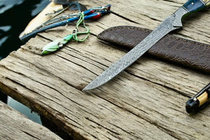 Custom Handmade Damascus Fillet Knife – 12.5” with Leather Sheath by Damascus Knife Store, leather knife sheath detail photo 2